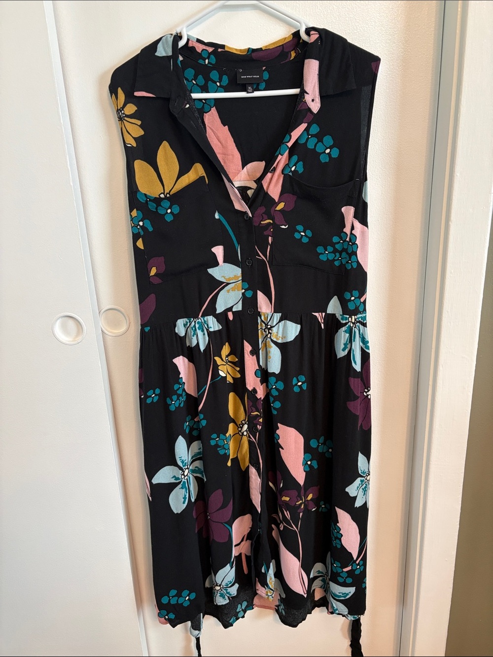 Who What Wear Black Midi Shirt Dress with Multicolor Floral Print - Picture 3 of 5